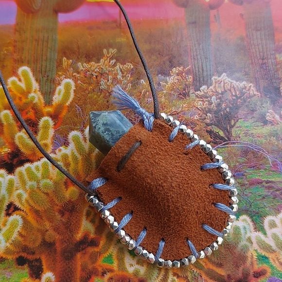 Leather Mini Mojo Bag Necklace by Rust Belt Raised Moss Agate Necklace - Picture 7 of 16